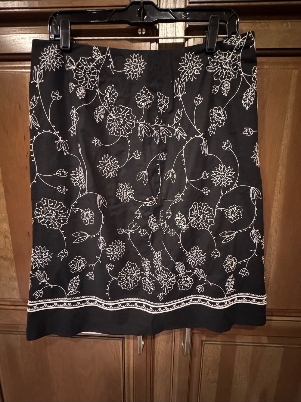 LOFT Black A-Line Skirt with White Floral Embroidery